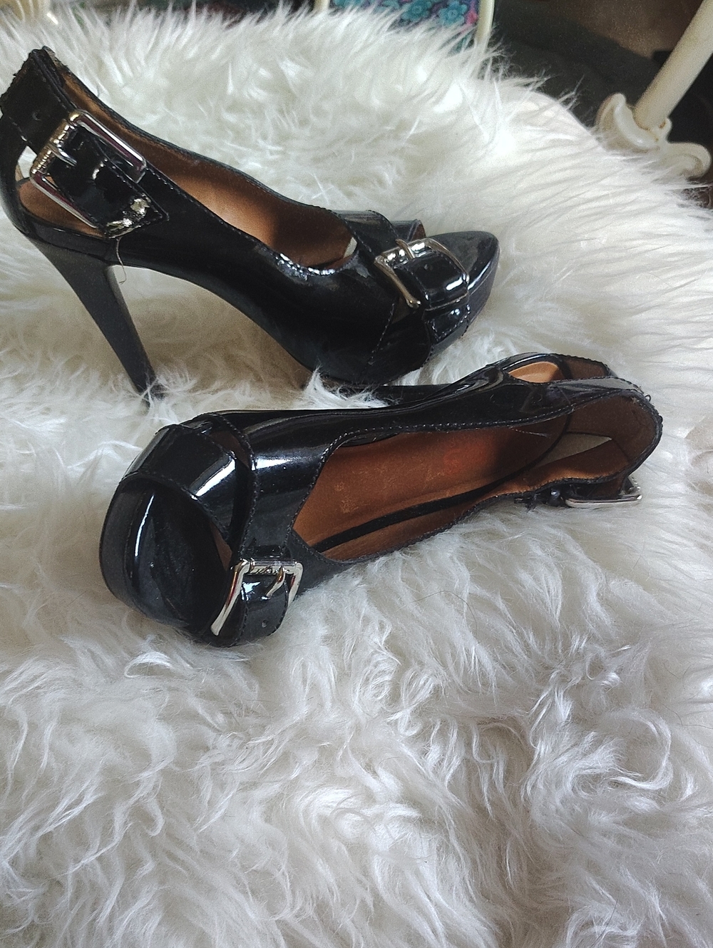 Michael Kors Black Patent Peep-Toe Stiletto Heels with Silver Buckle Detail